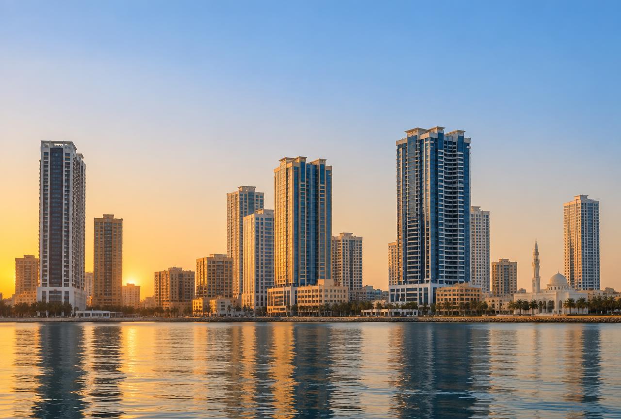 Ajman skyline at golden hour seen across the water