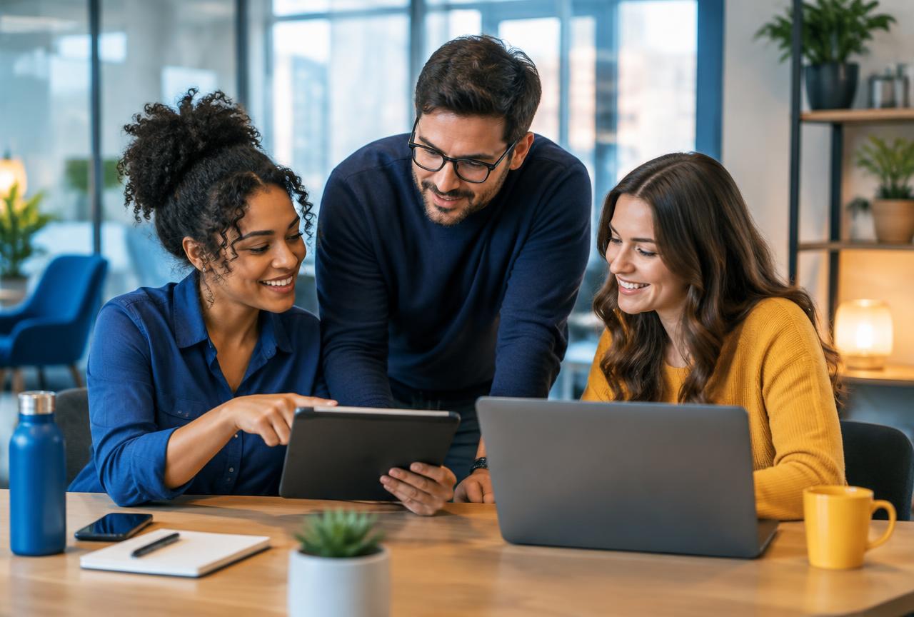 A small marketing team reviewing a content calendar together